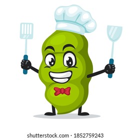 vector illustration of peas mascot or character wearing chef hat and holding spatula