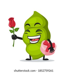 vector illustration of peas mascot or character give flower and holding pink gift