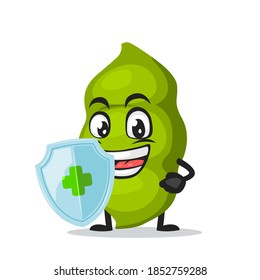 vector illustration of peas mascot or character holding shield for protection