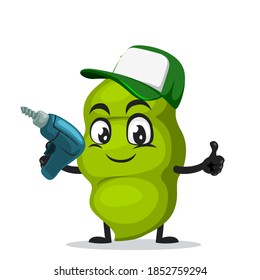 vector illustration of peas mascot or character holding hand drill