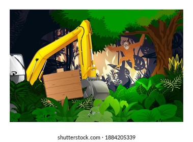 Vector illustration of peat land that is burnt and damaged due to human activities. Orangutans are scared because the forest is burning. Excavators destroy land.