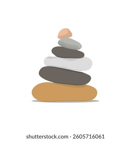 Vector illustration of pebbles balancing in cartoon flat style. Meditation balance stone pyramid. Stacked pebbles pastel colors object vector illustration isolated white background.