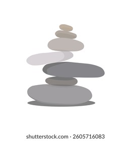Vector illustration of pebbles balancing in cartoon flat style. Meditation balance stone pyramid. Stacked pebbles pastel colors object vector illustration isolated white background.
