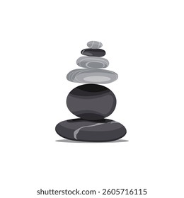 Vector illustration of pebbles balancing in cartoon flat style. Meditation balance stone pyramid. Stacked pebbles pastel colors object vector illustration isolated white background.
