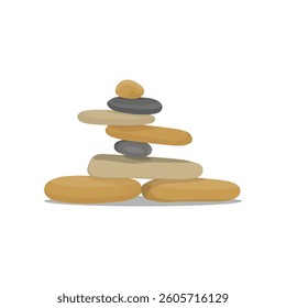 Vector illustration of pebbles balancing in cartoon flat style. Meditation balance stone pyramid. Stacked pebbles pastel colors object vector illustration isolated white background.