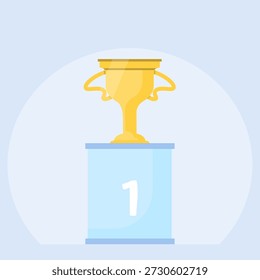 Ilustración vectorial con un pedestal y una taza para el primer lugar. El trofeo de oro se encuentra en el podio con el número de asiento.