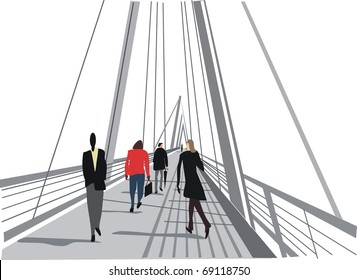 Vector illustration of pedestrian bridge, river Thames, London England.