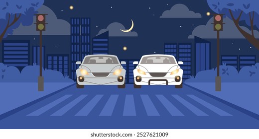 Vector illustration of a pedestrian crossing with cars, traffic lights and an urban landscape with houses, trees and a night sky with stars. Security in the city.