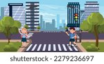 Vector illustration of a pedestrian crossing in cartoon style. Children walking home from school through a road with traffic light. Sunny weather in the city. Traffic Laws. Pedestrians.