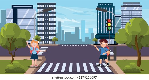 Vector illustration of a pedestrian crossing in cartoon style. Children walking home from school through a road with traffic light. Sunny weather in the city. Traffic Laws. Pedestrians.