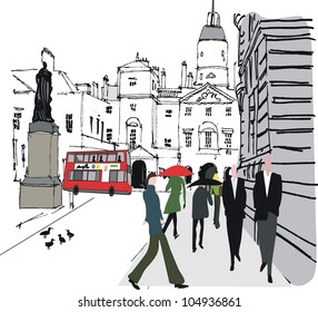 Vector illustration of pedestrians in city street,  Whitehall, London