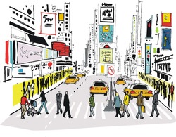 Vector Illustration Of Pedestrians Crossing Road At Times Square, New York