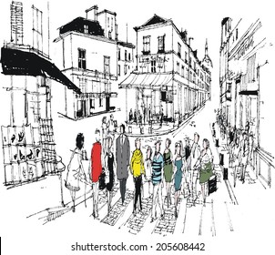 Vector illustration of pedestrians crossing street, Montmartre, Paris France.