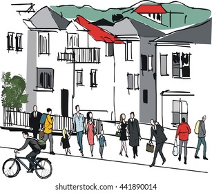 Vector illustration of pedestrians and cyclist in inner city suburb, Wellington New Zealand