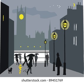 Vector illustration of pedestrians at night in London, England.