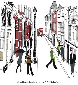 Vector illustration of pedestrians in old London street.