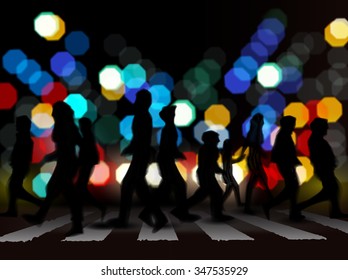 Vector illustration of pedestrians viewed as back light silhouettes crossing the street in front of hexagonal blurred city lights during the night. 