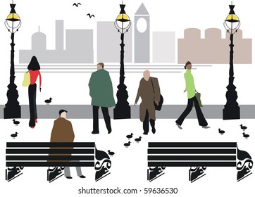 Vector illustration of pedestrians walking along Embankment area, London England.