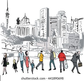 Vector illustration of pedestrians walking in city, Auckland, New Zealand