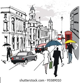 Vector illustration of pedestrians in Whitehall, London England