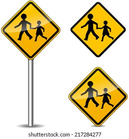 Vector illustration of pedestrians yellow signs on white background