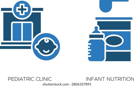 Vector illustration of pediatric clinic and infant nutrition icons with baby face