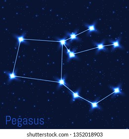 Vector illustration of Pegasus constellation. Cluster of realistic stars in the dark blue starry sky.