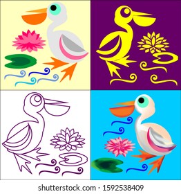 Vector illustration of pelican in 4 styles of drawing, stencil, sketch, watercolorin shallow water with blooming lotus