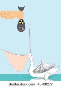 vector illustration of a pelican eating toxic fish. Pollution concept