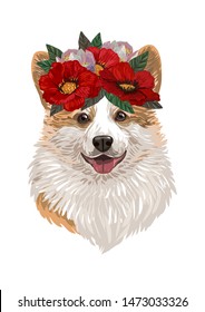 Vector illustration of pembroke welsh corgi and with a bouquet of poppies and magnolias. Perfect for greeting cards, invitations, decoration etc.