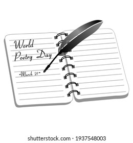 Vector illustration of a pen and book with the words World Poetry Day, March 21st. The writing on the left of the book. This vector is perfect for a poetry day greeting card and reminder