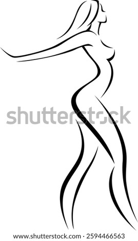 Vector illustration in pen drawing style linear silhouette of beautiful young woman