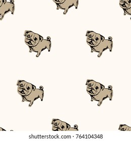 Vector illustration. Pen drawn sketch of pug dog puppy. Vector seamless dog pattern.