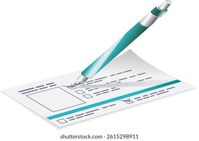 Vector illustration of a pen filling out a form or survey with checkboxes. Ideal for concepts like feedback, documentation, application, voting, or office tasks in print or digital use.