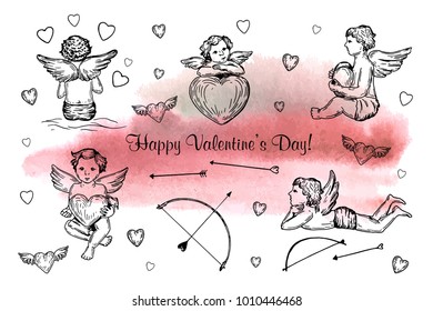 Vector illustration. Pen style drawing. Vector sketch set. Cupids and hearts. Valentine’s day card.