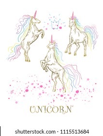 Vector illustration. Pen style drawing vector unicorns. Watercolor splash background.
