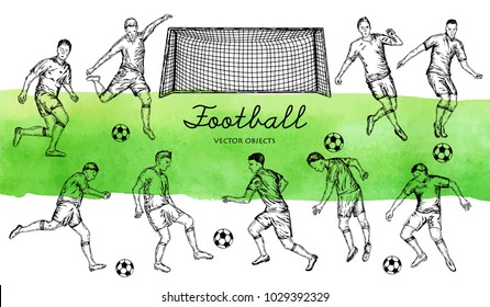 Vector illustration. Pen style drawn vector set. Football players. Vector objects set.