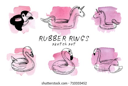 Vector illustration. Pen style drawn rubber rings on watercolor background.