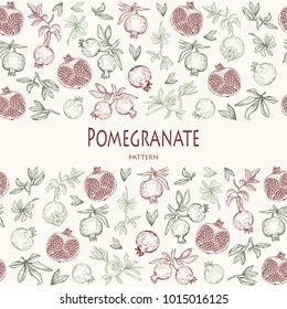 Vector illustration. Pen style vector. Element of seamless pattern. Pomegranates, cut pomegranate, branches and leaves.
