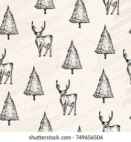 Vector illustration. Pen style new year background. Herringbone and reindeer on craft background. Vector seamless pattern.