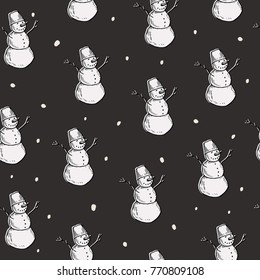 Vector illustration. Pen style new year background. Snowman on dark background. Vector seamless pattern.