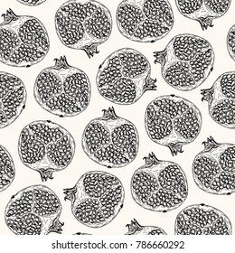 Vector illustration. Pen style vector seamless pattern. Pen style vector sketch. Cut pomegranate. Half a pomegranate .