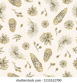 Vector illustration. Pen style sketch. Nature elements, forest treasures. Leaves, abranches, pine cone. Element of seamless pattern.