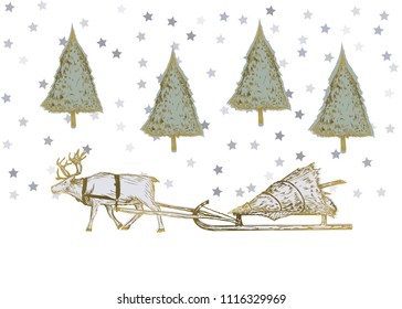 Vector illustration. Pen style sketch. Reindeer with sleigh and fir trees on star background. New year postcard.