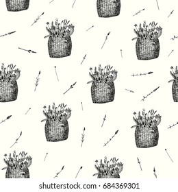 Vector illustration. Pen style sketch. Wicker basket with flowers. Vector objects.