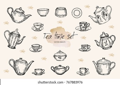 Vector illustration. Pen style vector sketch. Tea pots, cups and sugar bowls. Porcelain hand drawn set.