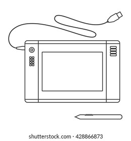 Vector illustration with pen tablet  and sensor pen. Isolated on white. Pen tablet line icon.  Pen Tablet over White.