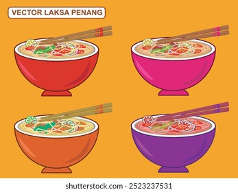 Vector illustration of Penang Laksa, traditional spicy and sour noodle soup made with tamarind, mackerel and fresh herbs. a typical Malaysian dish served with cucumber, mint and sliced ​​onions