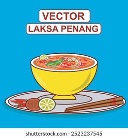 Vector illustration of Penang Laksa, traditional spicy and sour noodle soup made with tamarind, mackerel and fresh herbs. a typical Malaysian dish served with cucumber, mint and sliced ​​onions