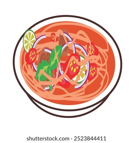 Vector illustration of Penang Laksa, a traditional spicy and sour noodle soup made with tamarind, mackerel and fresh herbs. a typical Malaysian dish served with cucumber, 